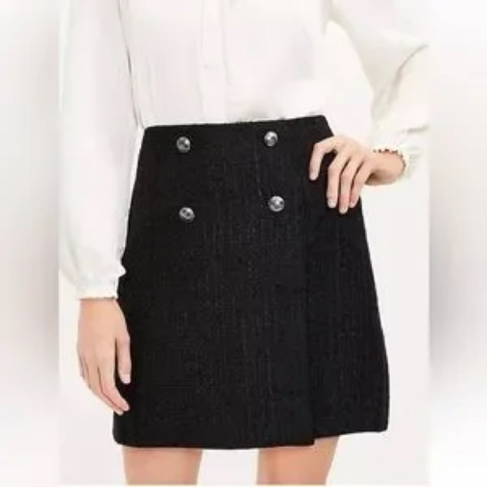 BNWT LOFT FAUX WRAP BLACK TWEED MINI SKIRT WORK  OR DATE NIGHT